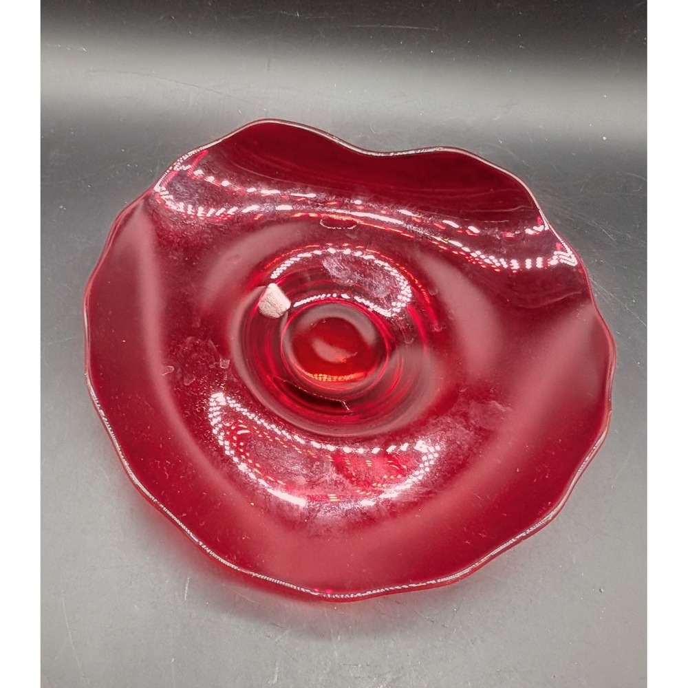 Vintage Ruby Red Cadmium Glass Ruffled Bowl UV Reactive Mid Century Art Glass 7"